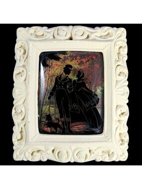1930s Reverse Painted Silhouette on Bubble Glass, Couple with Dog, Plaster Frame